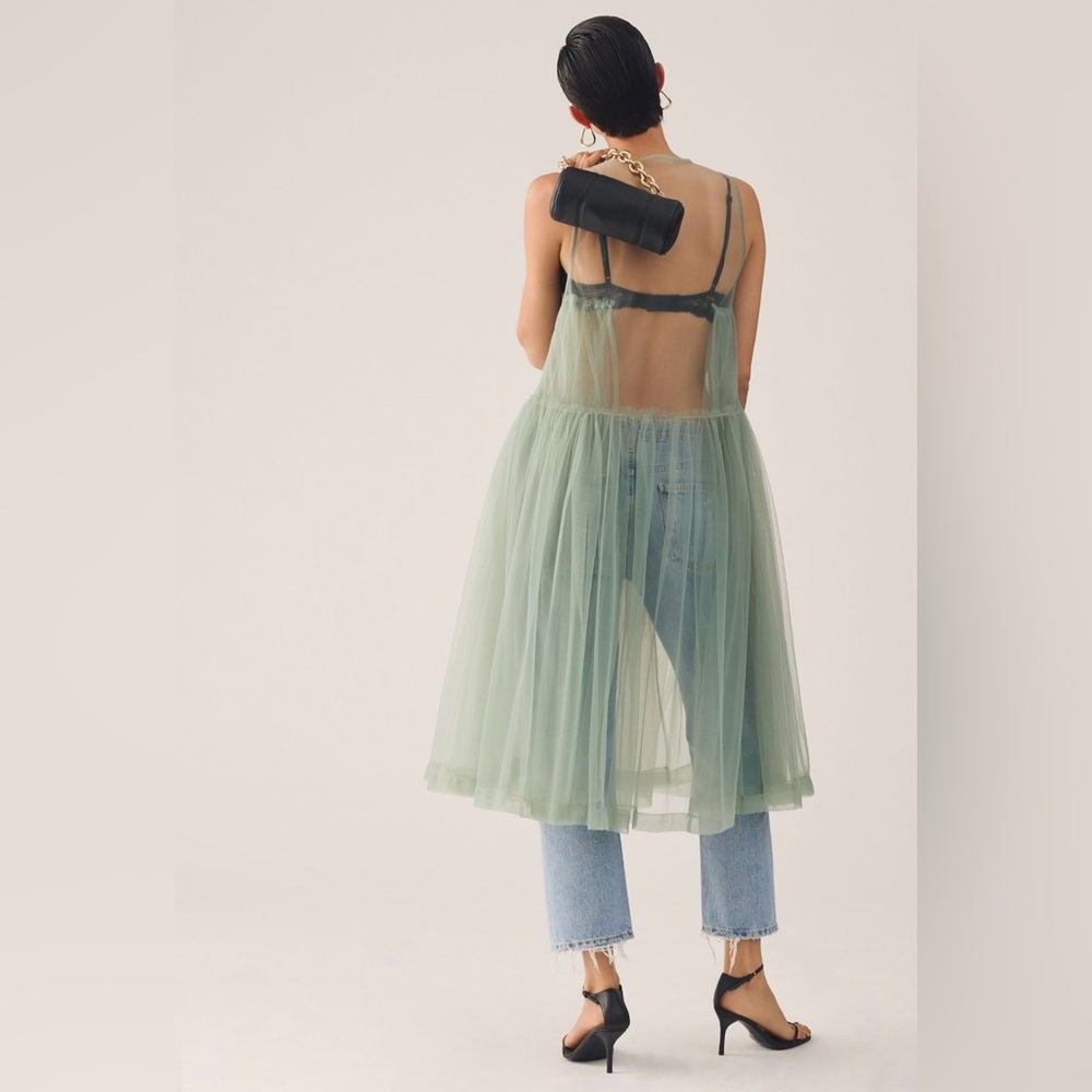 Anthropologie Maeve Sleeveless Sheer Tulle Overlay Duster One Size Green - Picture 2 of 9